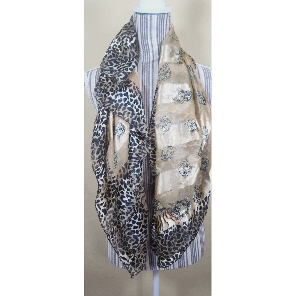 Animal Print Silk Scarf Shawl Gold Brown Sheer Cheetah Leopard Print 36 X 36